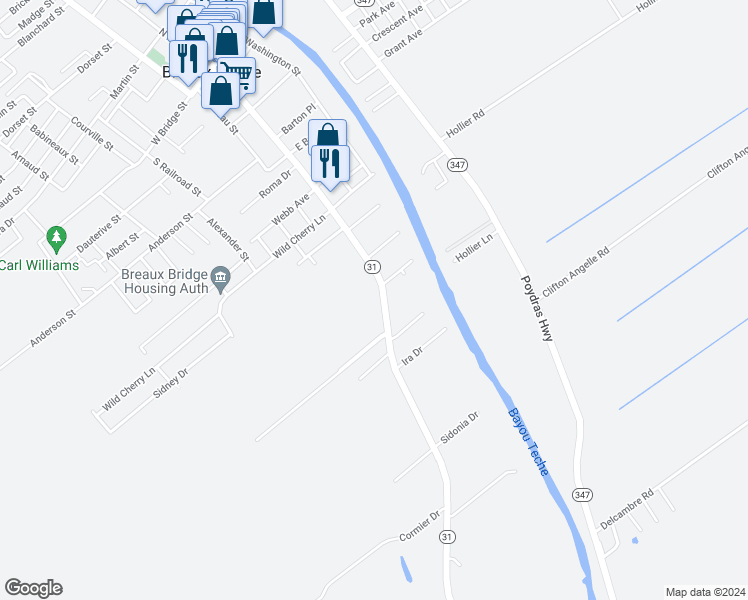 map of restaurants, bars, coffee shops, grocery stores, and more near 1002 Main Highway in Breaux Bridge