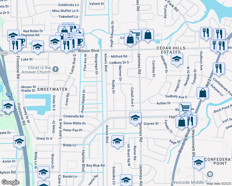 map of restaurants, bars, coffee shops, grocery stores, and more near 3937 Rodby Drive in Jacksonville