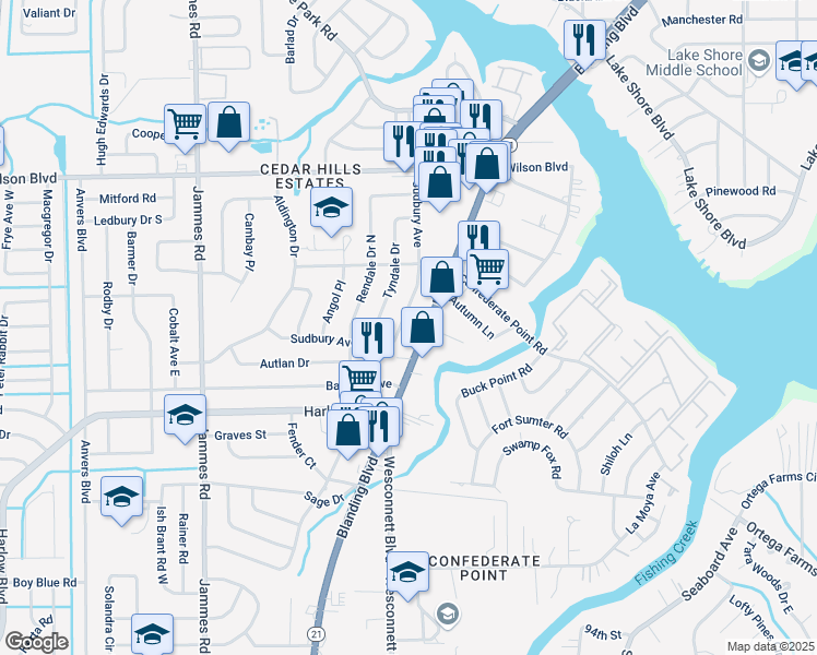 map of restaurants, bars, coffee shops, grocery stores, and more near 4038 Sudbury Avenue in Jacksonville