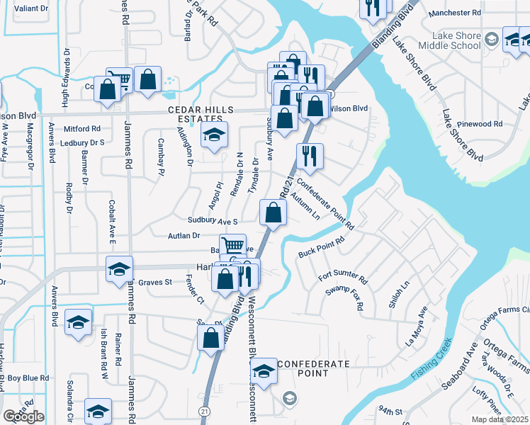 map of restaurants, bars, coffee shops, grocery stores, and more near 4119 Sudbury Avenue in Jacksonville