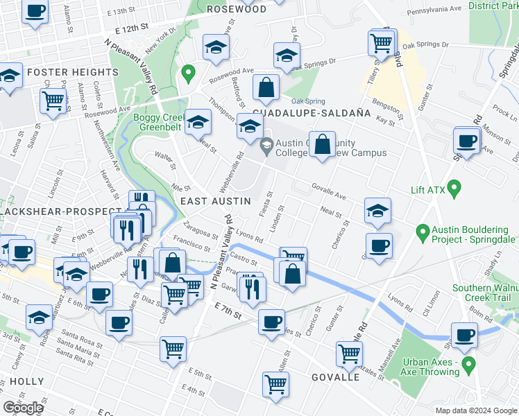 map of restaurants, bars, coffee shops, grocery stores, and more near 1006 Fiesta Street in Austin