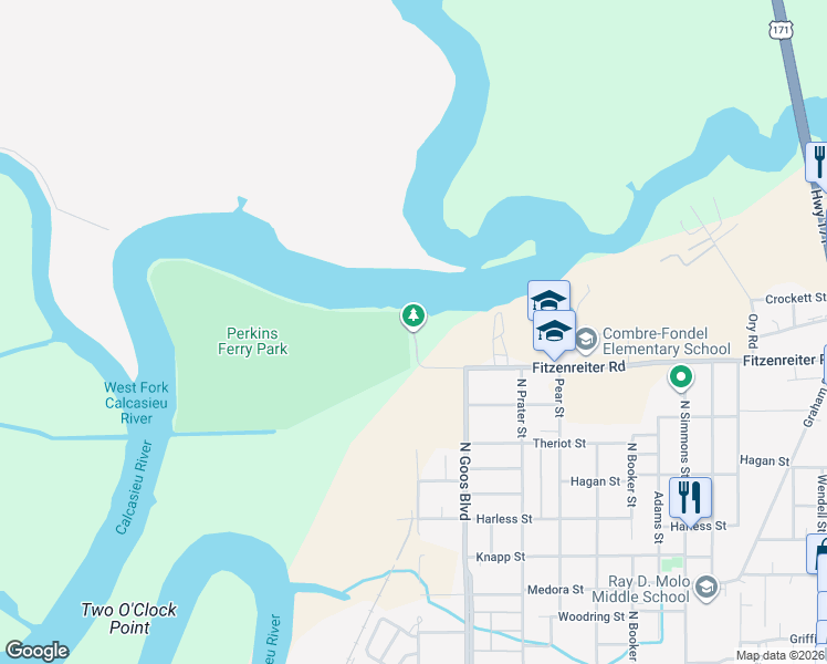 map of restaurants, bars, coffee shops, grocery stores, and more near 1701 Fitzenreiter Road in Lake Charles