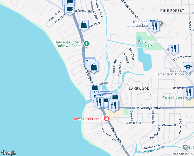 map of restaurants, bars, coffee shops, grocery stores, and more near 5121 San Jose Boulevard in Jacksonville