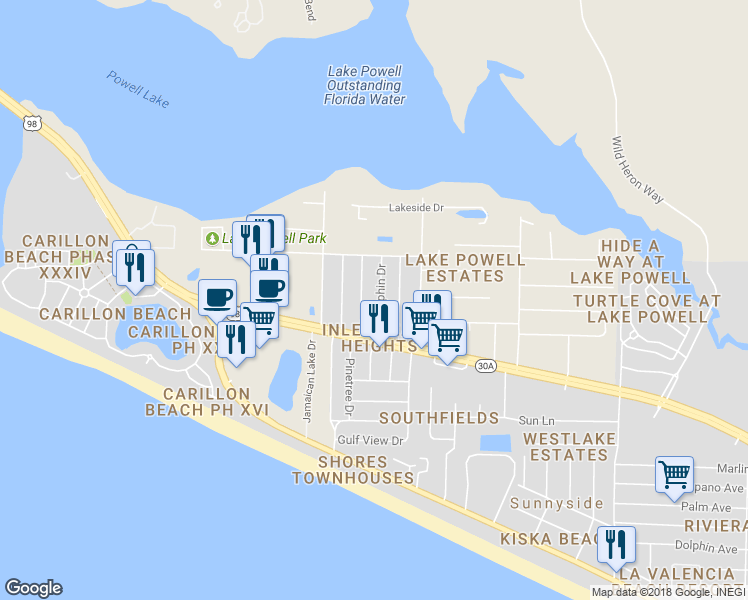 map of restaurants, bars, coffee shops, grocery stores, and more near 515 Dolphin Drive in Panama City Beach