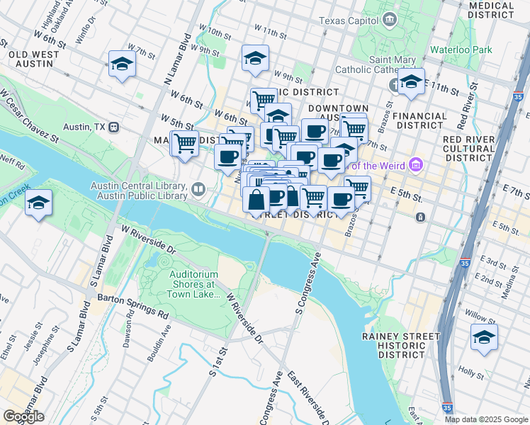 map of restaurants, bars, coffee shops, grocery stores, and more near 320 West 2nd Street in Austin
