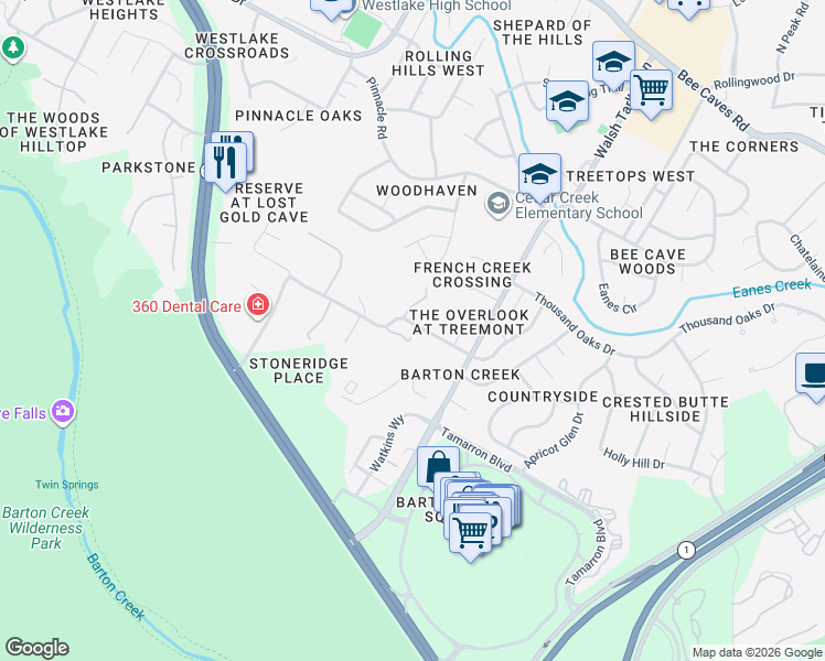 map of restaurants, bars, coffee shops, grocery stores, and more near 3301 Stoneridge Road in Austin