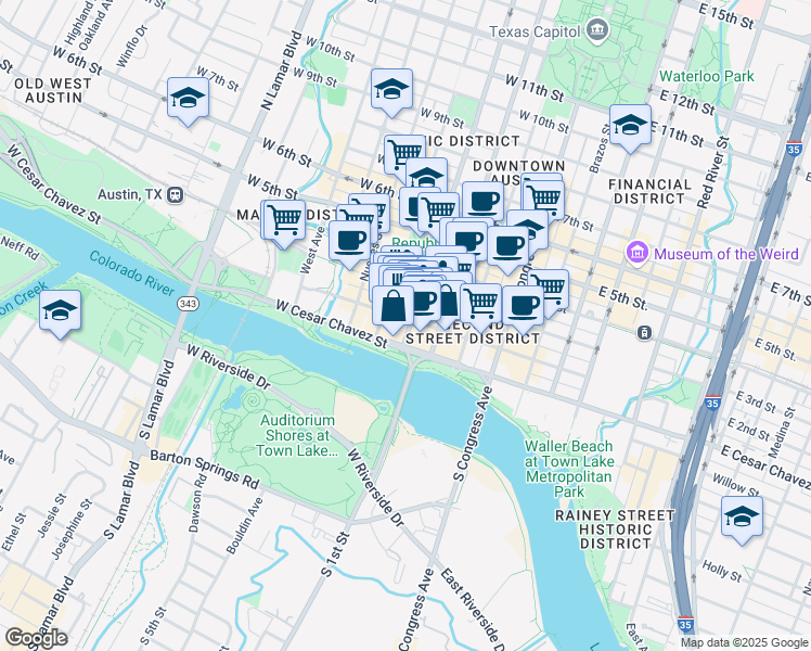 map of restaurants, bars, coffee shops, grocery stores, and more near 401 West 2nd Street in Austin