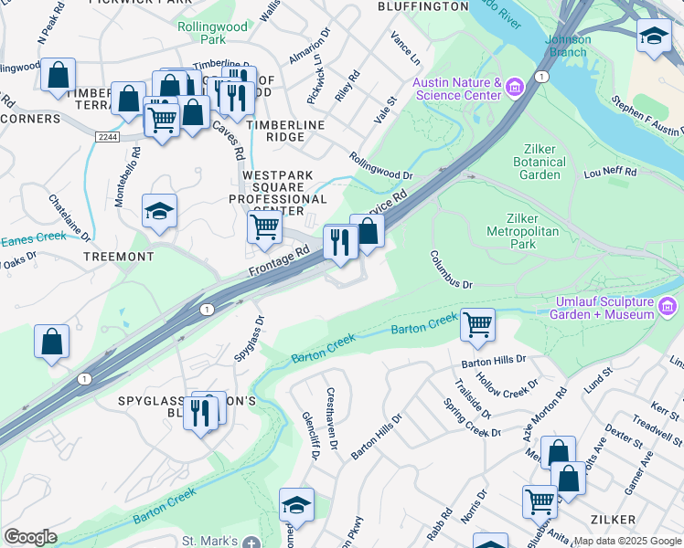 map of restaurants, bars, coffee shops, grocery stores, and more near 1101 South MoPac Expressway in Austin