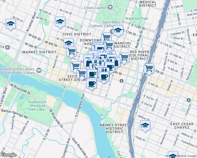 map of restaurants, bars, coffee shops, grocery stores, and more near 301 Brazos Street in Austin
