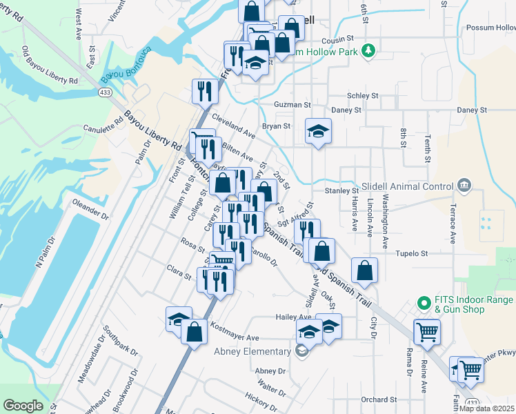map of restaurants, bars, coffee shops, grocery stores, and more near 520 Old Spanish Trail in Slidell