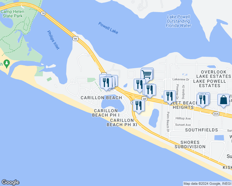 map of restaurants, bars, coffee shops, grocery stores, and more near 114 Carillon Market Street in Panama City Beach