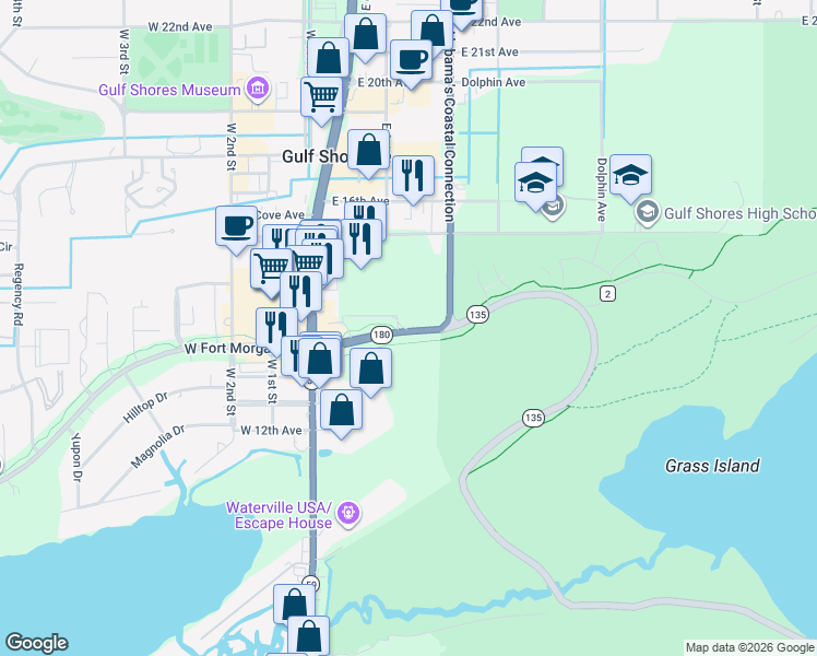 map of restaurants, bars, coffee shops, grocery stores, and more near 1520 East 2nd Street in Gulf Shores