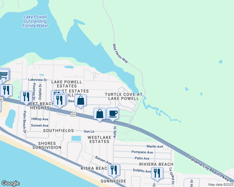 map of restaurants, bars, coffee shops, grocery stores, and more near 229 Turtle Cove in Panama City Beach