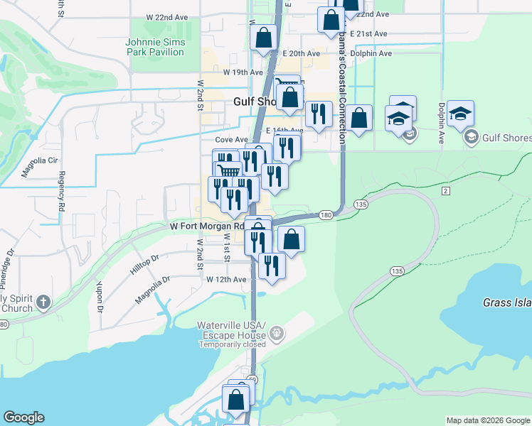 map of restaurants, bars, coffee shops, grocery stores, and more near 120 Fort Morgan Road Trail in Gulf Shores
