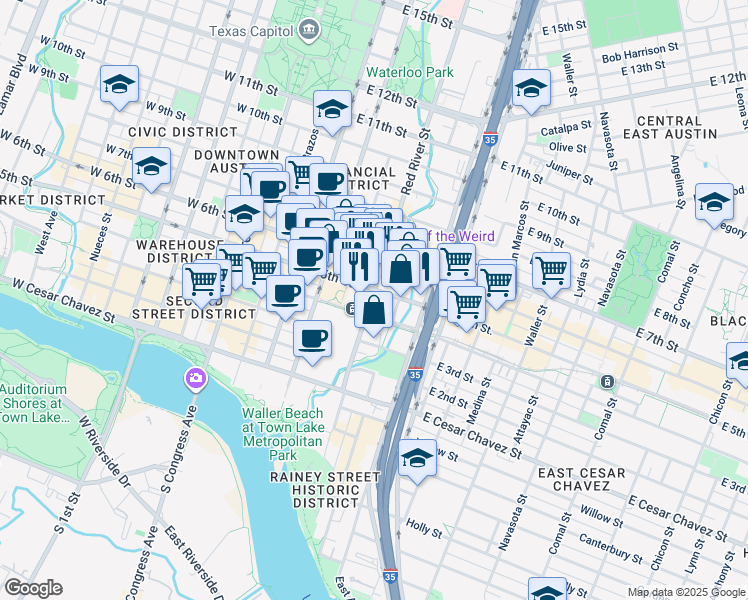 map of restaurants, bars, coffee shops, grocery stores, and more near 413 Red River Street in Austin