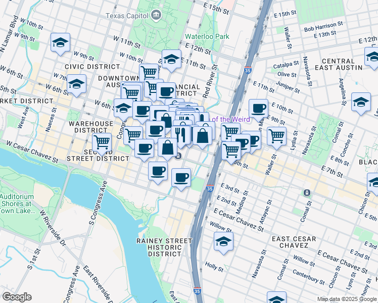 map of restaurants, bars, coffee shops, grocery stores, and more near 413 Red River Street in Austin