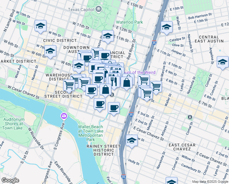 map of restaurants, bars, coffee shops, grocery stores, and more near 500 East 4th Street in Austin