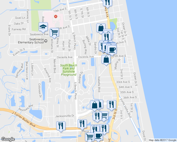 map of restaurants, bars, coffee shops, grocery stores, and more near 2891 Saint Maarten Court in Jacksonville Beach
