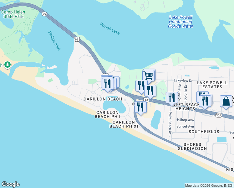 map of restaurants, bars, coffee shops, grocery stores, and more near 114 Carillon Market Street in Panama City Beach