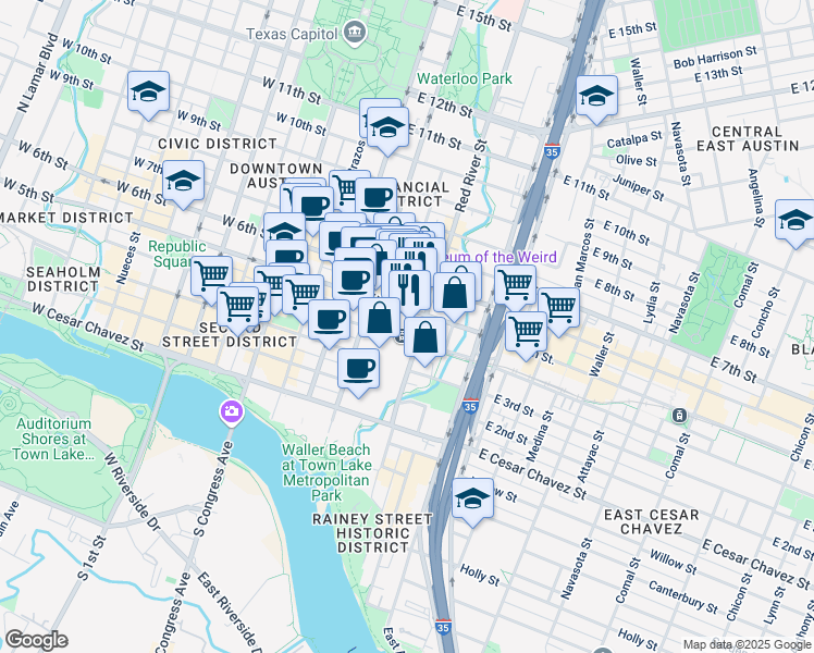 map of restaurants, bars, coffee shops, grocery stores, and more near in Austin
