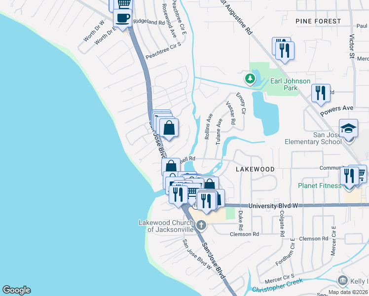 map of restaurants, bars, coffee shops, grocery stores, and more near 1612 Shirl Lane in Jacksonville