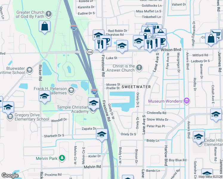 map of restaurants, bars, coffee shops, grocery stores, and more near 7183 Prellie Street in Jacksonville