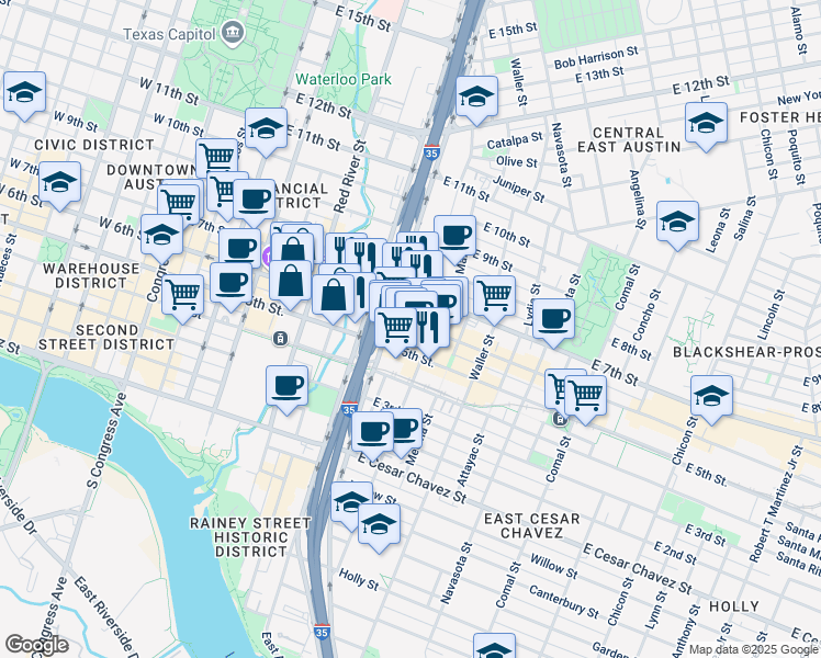 map of restaurants, bars, coffee shops, grocery stores, and more near 815 North Interstate 35 Frontage Road in Austin