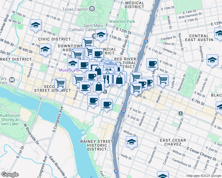 map of restaurants, bars, coffee shops, grocery stores, and more near in Austin