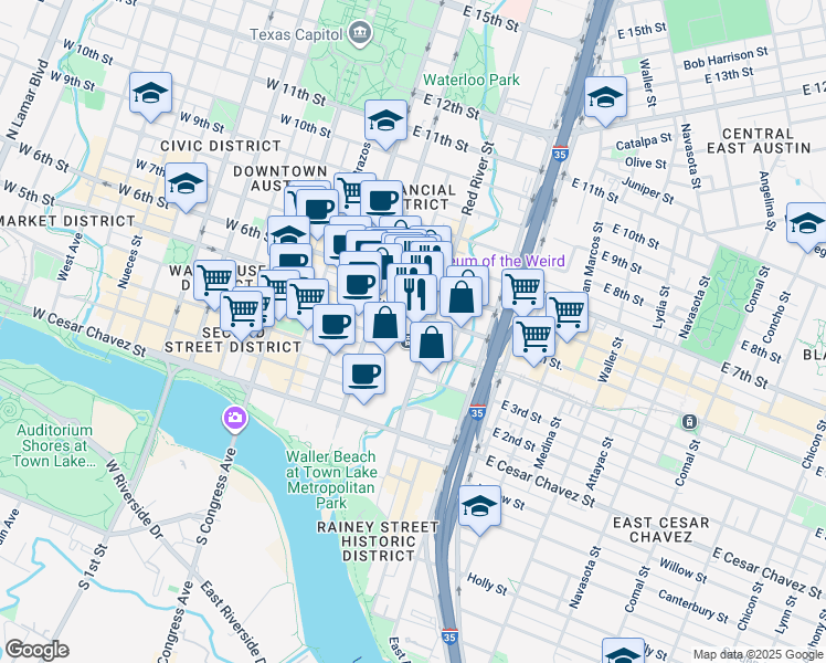 map of restaurants, bars, coffee shops, grocery stores, and more near in Austin