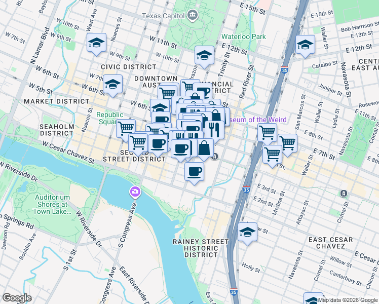 map of restaurants, bars, coffee shops, grocery stores, and more near 401 East 5th Street in Austin