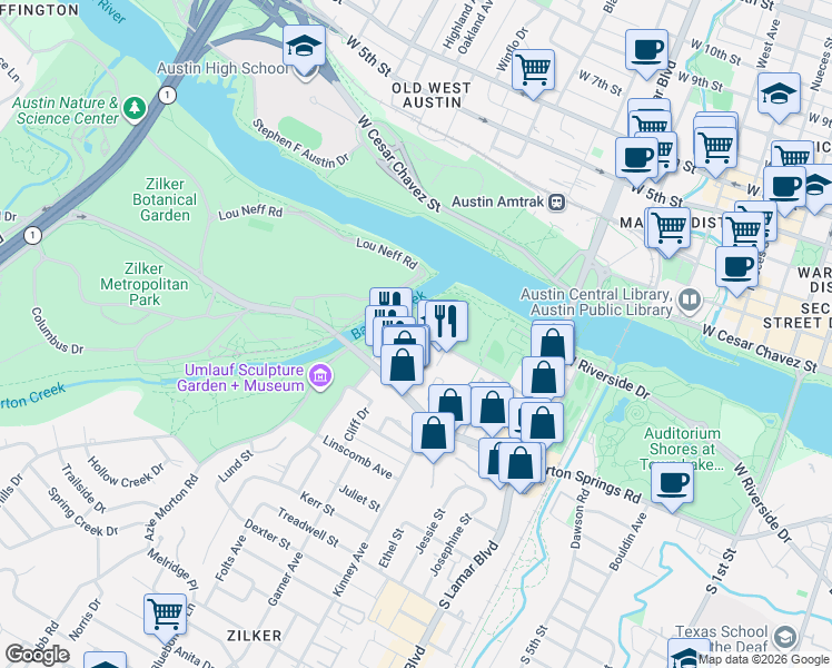 map of restaurants, bars, coffee shops, grocery stores, and more near 200 South Lamar Boulevard in Austin