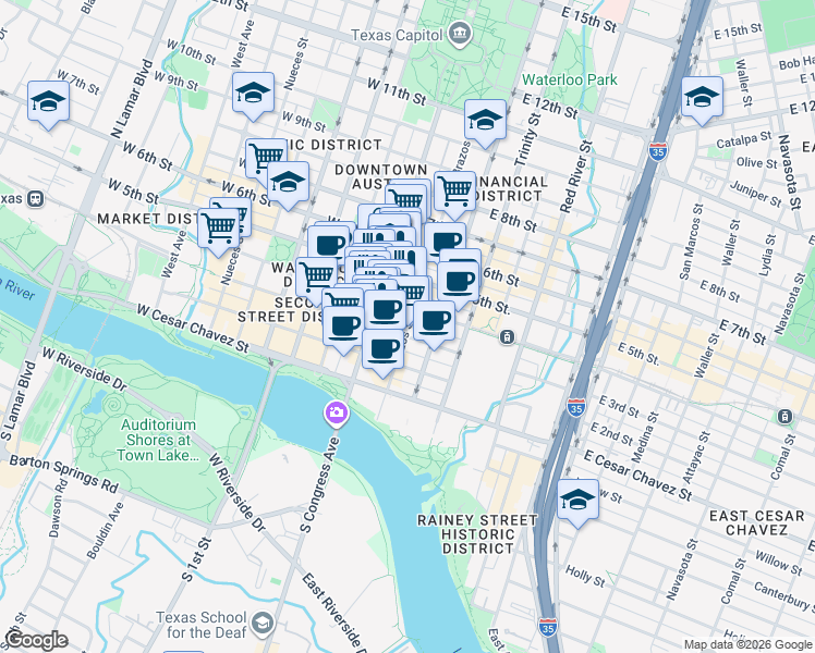map of restaurants, bars, coffee shops, grocery stores, and more near 303 Brazos Street in Austin