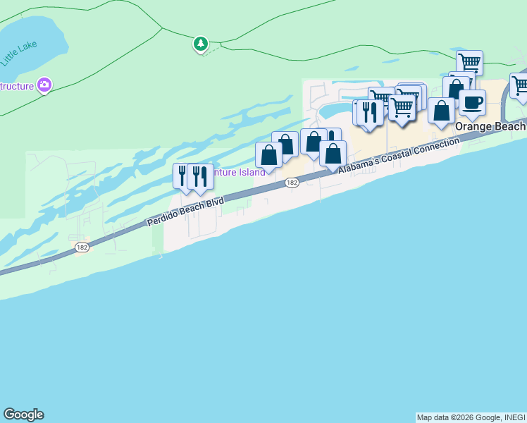 map of restaurants, bars, coffee shops, grocery stores, and more near 24900 Perdido Beach Boulevard in Orange Beach