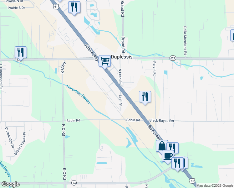 map of restaurants, bars, coffee shops, grocery stores, and more near 13511 Airline Highway in Gonzales
