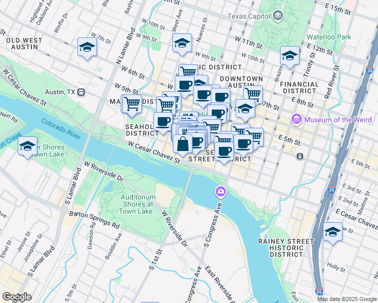 map of restaurants, bars, coffee shops, grocery stores, and more near 401 West 2nd Street in Austin