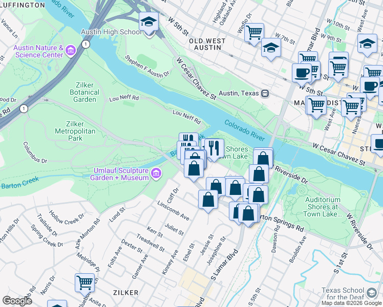 map of restaurants, bars, coffee shops, grocery stores, and more near 406 Sterzing Street in Austin