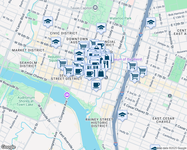 map of restaurants, bars, coffee shops, grocery stores, and more near 401 East 5th Street in Austin