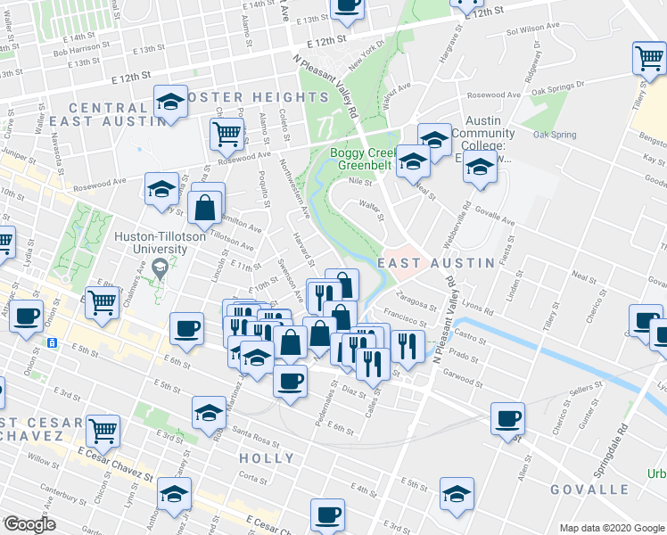 map of restaurants, bars, coffee shops, grocery stores, and more near 2510 East 9th Street in Austin