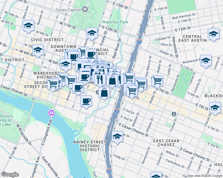 map of restaurants, bars, coffee shops, grocery stores, and more near East 5th Street & Sabine Street in Austin