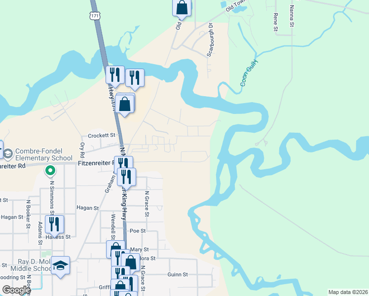 map of restaurants, bars, coffee shops, grocery stores, and more near 2835 Wingate St in Lake Charles