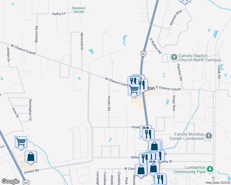map of restaurants, bars, coffee shops, grocery stores, and more near 55 Hooks Road in Lumberton
