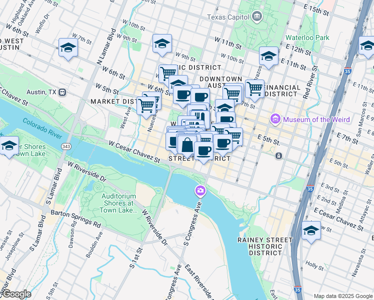 map of restaurants, bars, coffee shops, grocery stores, and more near 201 Lavaca Street in Austin