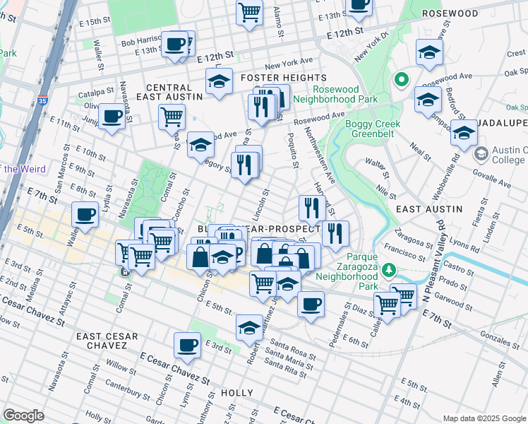 map of restaurants, bars, coffee shops, grocery stores, and more near 2005 East 11th Street in Austin