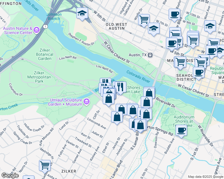 map of restaurants, bars, coffee shops, grocery stores, and more near Toomey Rd & Sterzing St in Austin