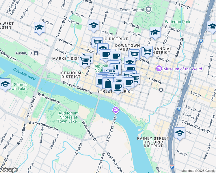 map of restaurants, bars, coffee shops, grocery stores, and more near in Austin