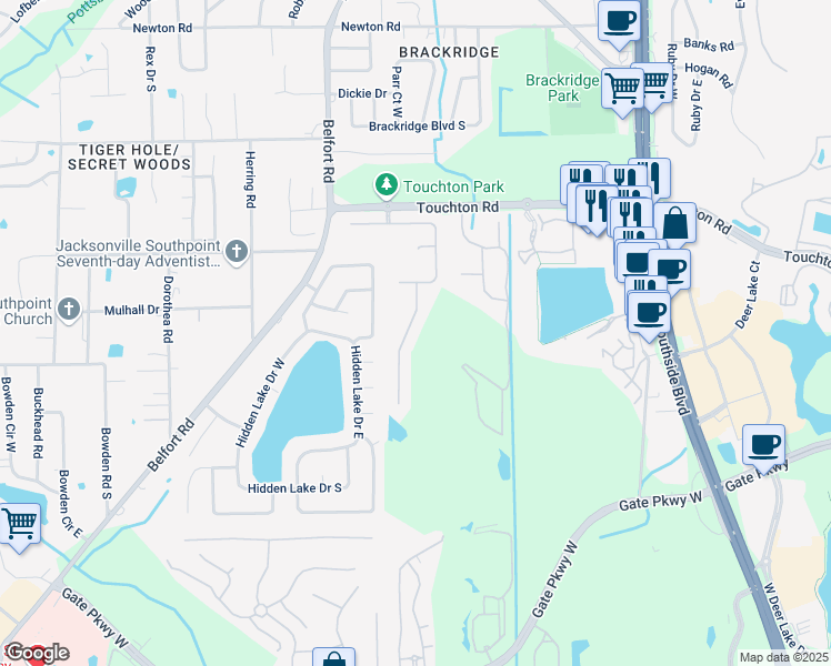 map of restaurants, bars, coffee shops, grocery stores, and more near 3260 Warnell Drive in Jacksonville