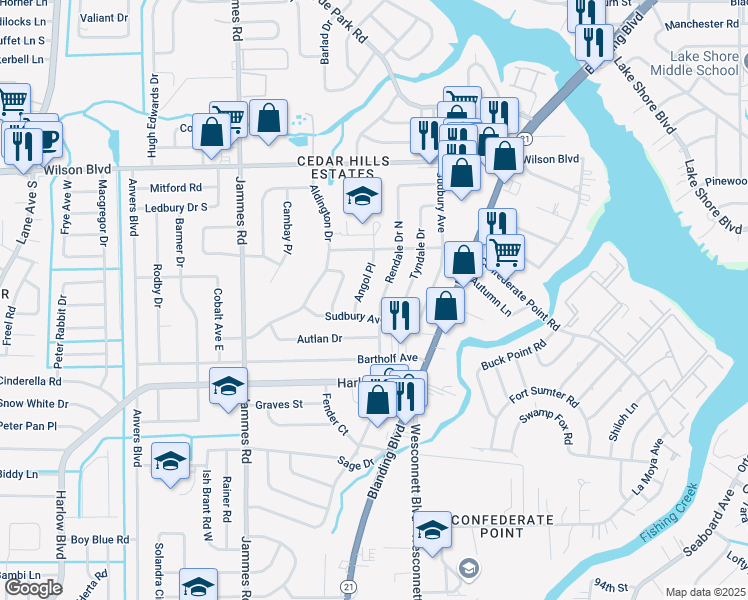 map of restaurants, bars, coffee shops, grocery stores, and more near 4102 Angol Place in Jacksonville