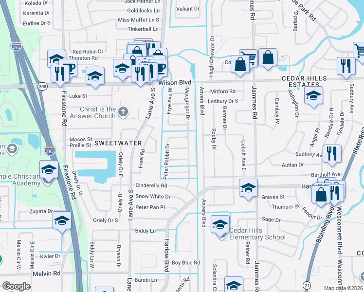 map of restaurants, bars, coffee shops, grocery stores, and more near 6729 Cotton Tail Lane in Jacksonville