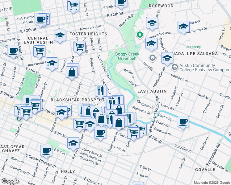 map of restaurants, bars, coffee shops, grocery stores, and more near in Austin