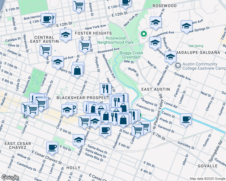 map of restaurants, bars, coffee shops, grocery stores, and more near in Austin